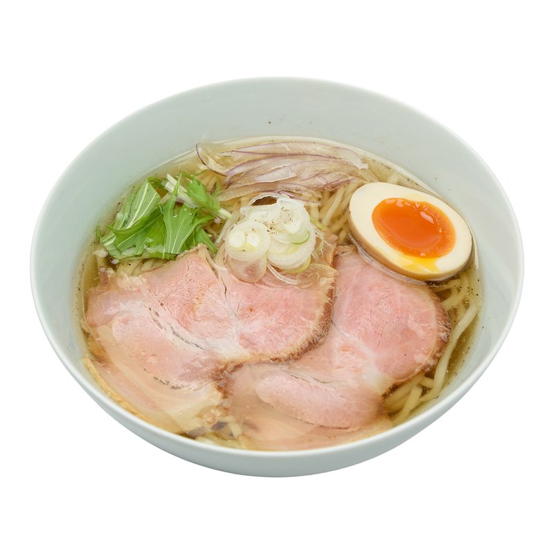 貝だしそば。澄んだ黄金色のスープにチャーシュー、味玉、水菜