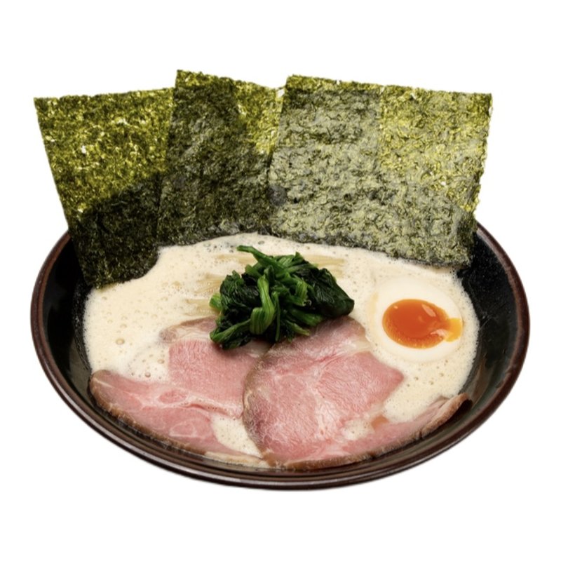 白濁した鶏白湯スープにのり3枚、ほうれん草、チャーシュー、味玉をのせた家系鶏白湯ラーメン